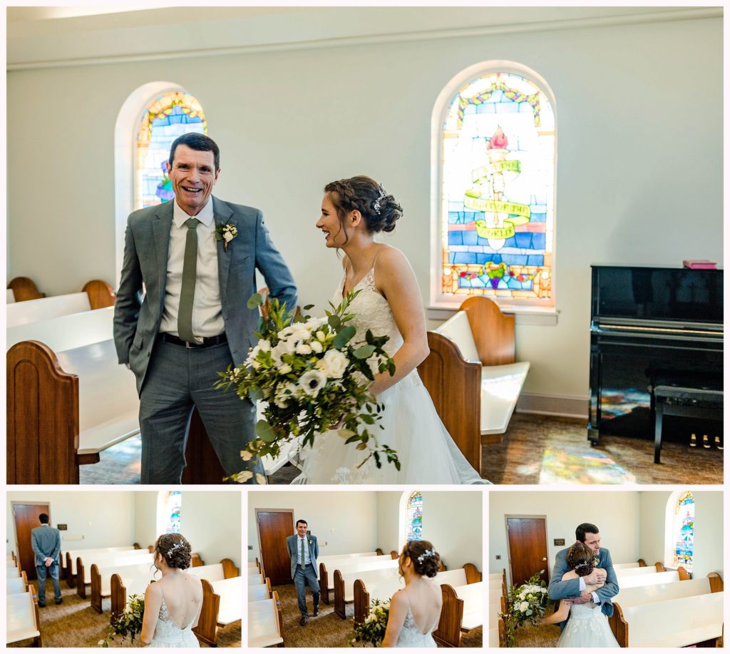 first look with bride and dad at matthews united methodist church wedding