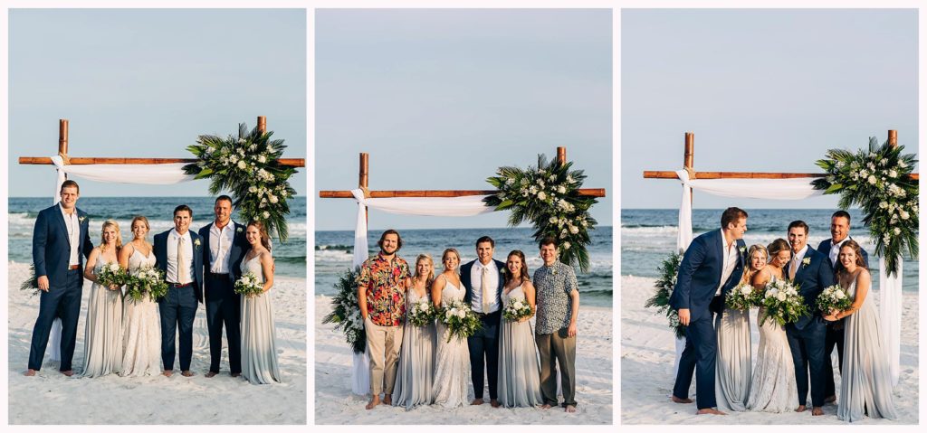 wedding party under arch on the beach