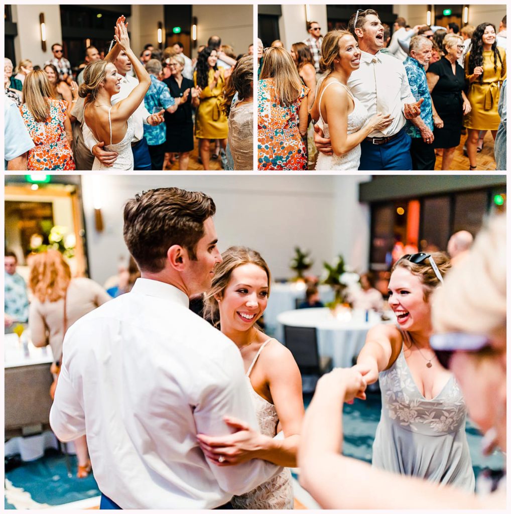 bride and groom dancing with friends
