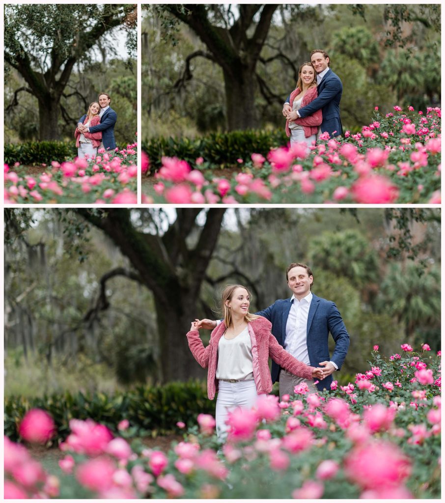 couple posing with pink flowers