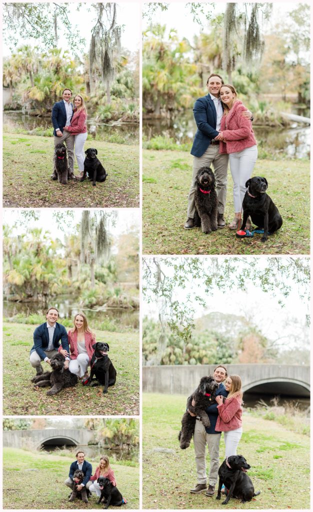 couple with dogs in city park in new orleans