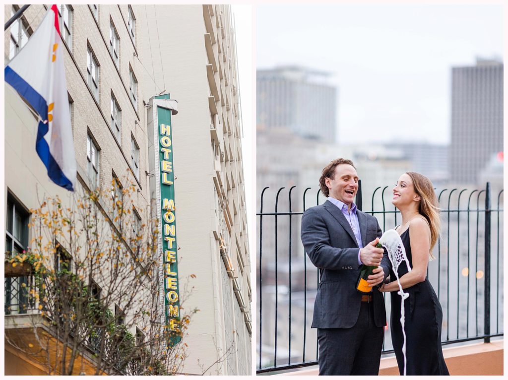 couple popping champagne during engagement photos at the monteleone hotel in new orleans