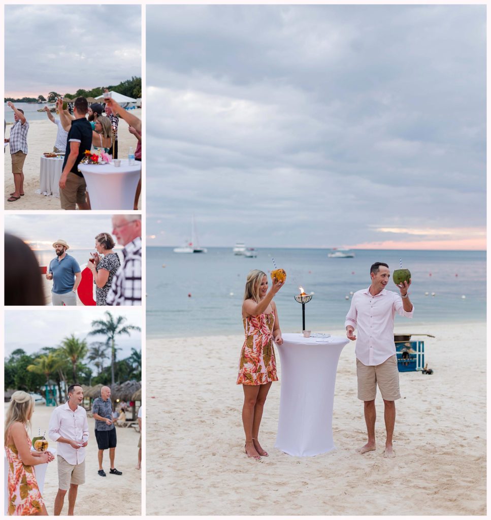 couple inviting their guests to cheers at beach side wedding 