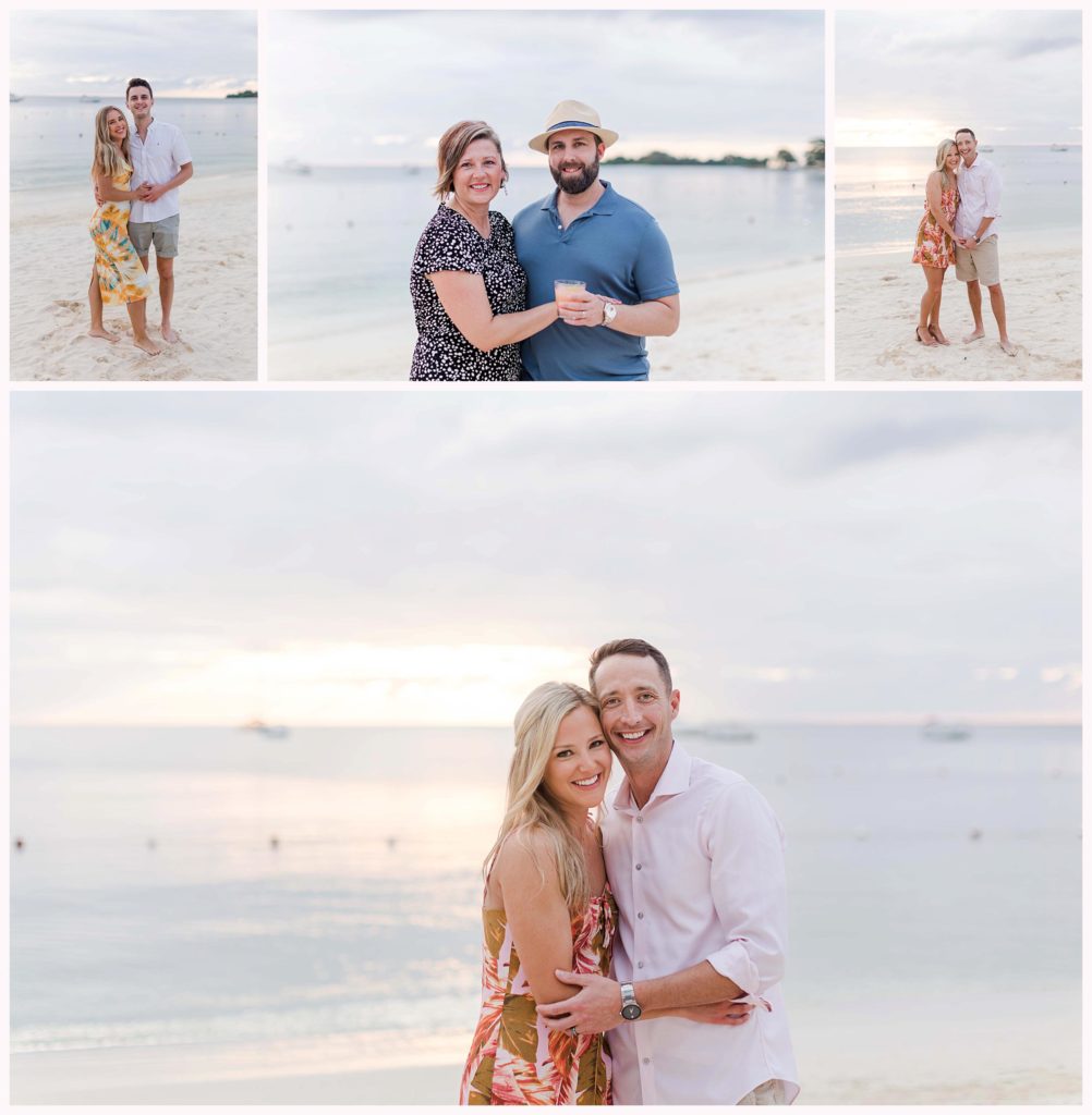 couples pose for photos on the beach