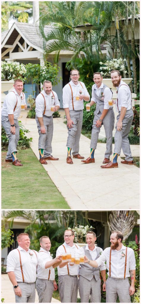 guys cheer with beer at destination wedding in jamaica