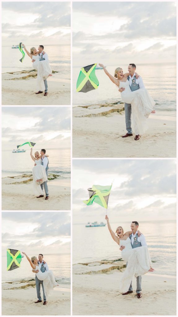 photos of wedding couple waving a jamaican flag