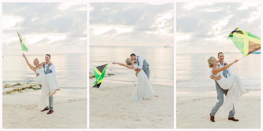 couple running on the beach with a flag in jamaica