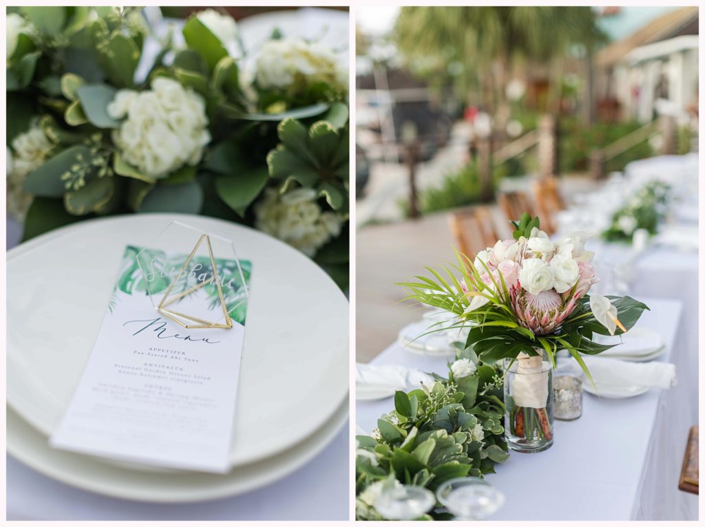tropical florals at wedding place setting