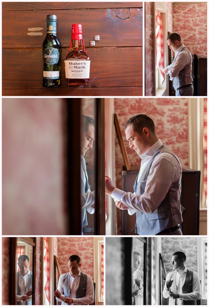 groom getting ready photos with whiskey and gin in red toile wallpapered room at vesuvius vineyards