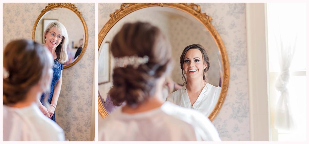 bride looking at herself in the mirror on her wedding day