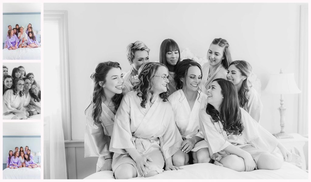 bridesmaids get ready on white bed in purple robes