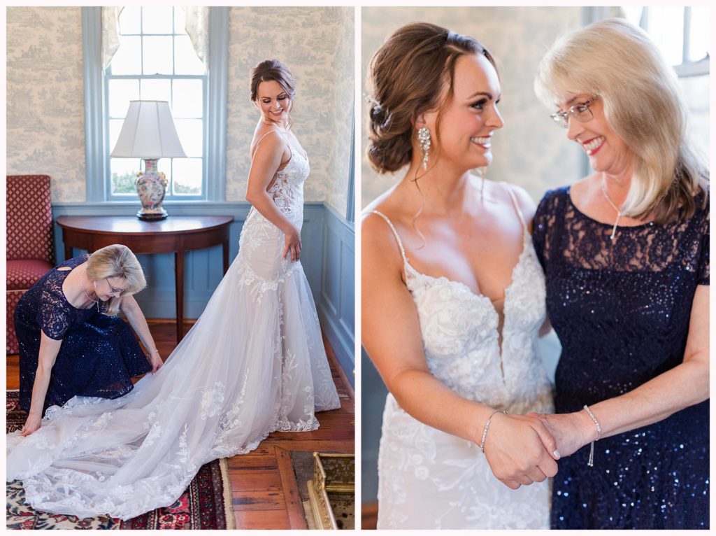 mother of the bride helps bride get ready on her wedding day