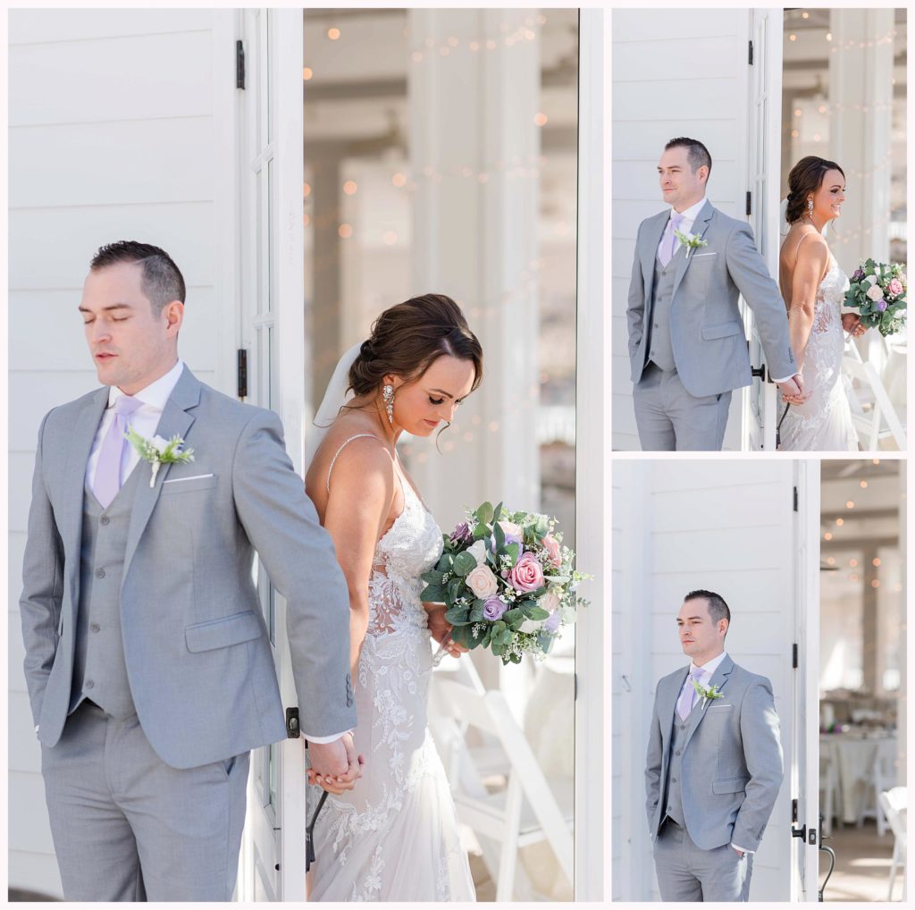 bride and groom hold hands on opposite side of door