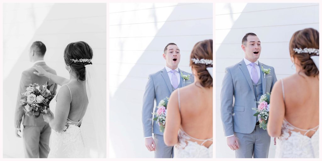 groom's first look reaction on a wedding day