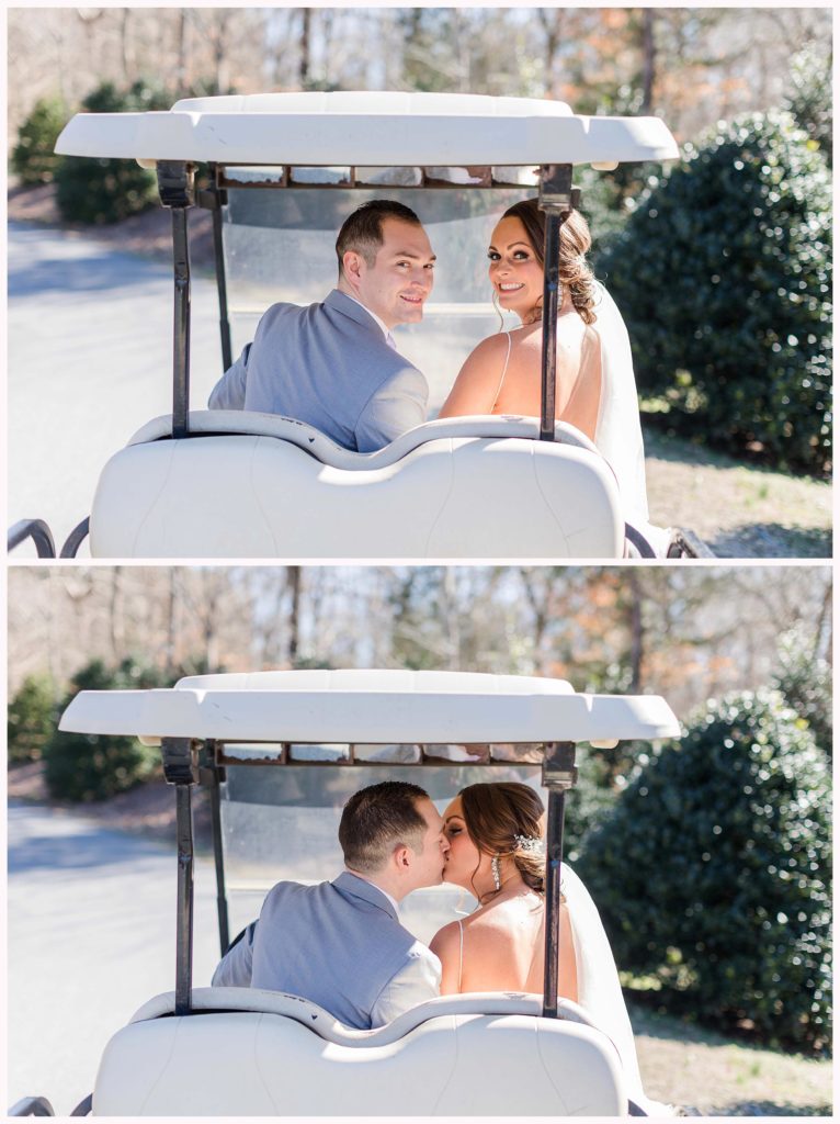 bride and groom share a kiss on a golf cart