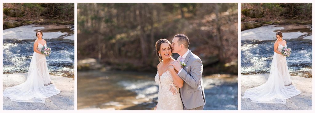 bridal portraits and couple near water