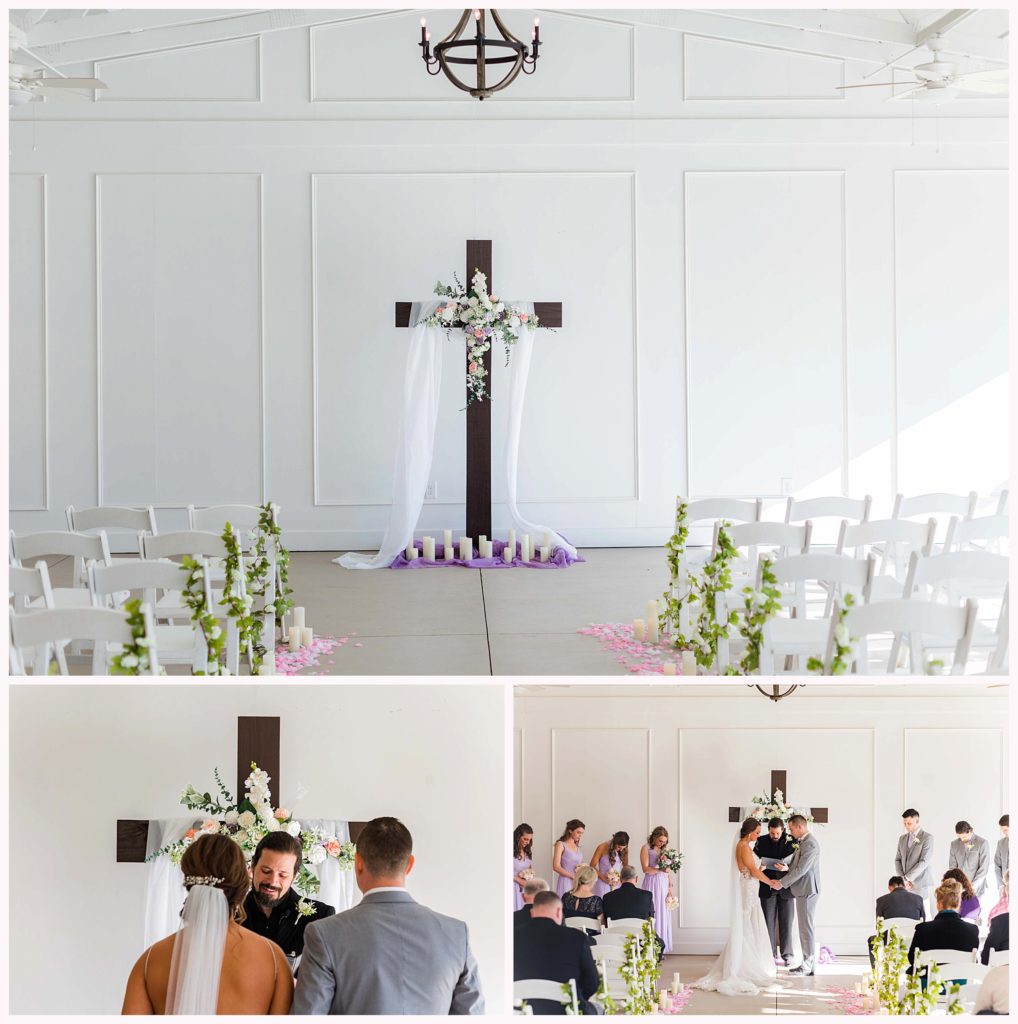 wedding in a white room with a brown wooden cross