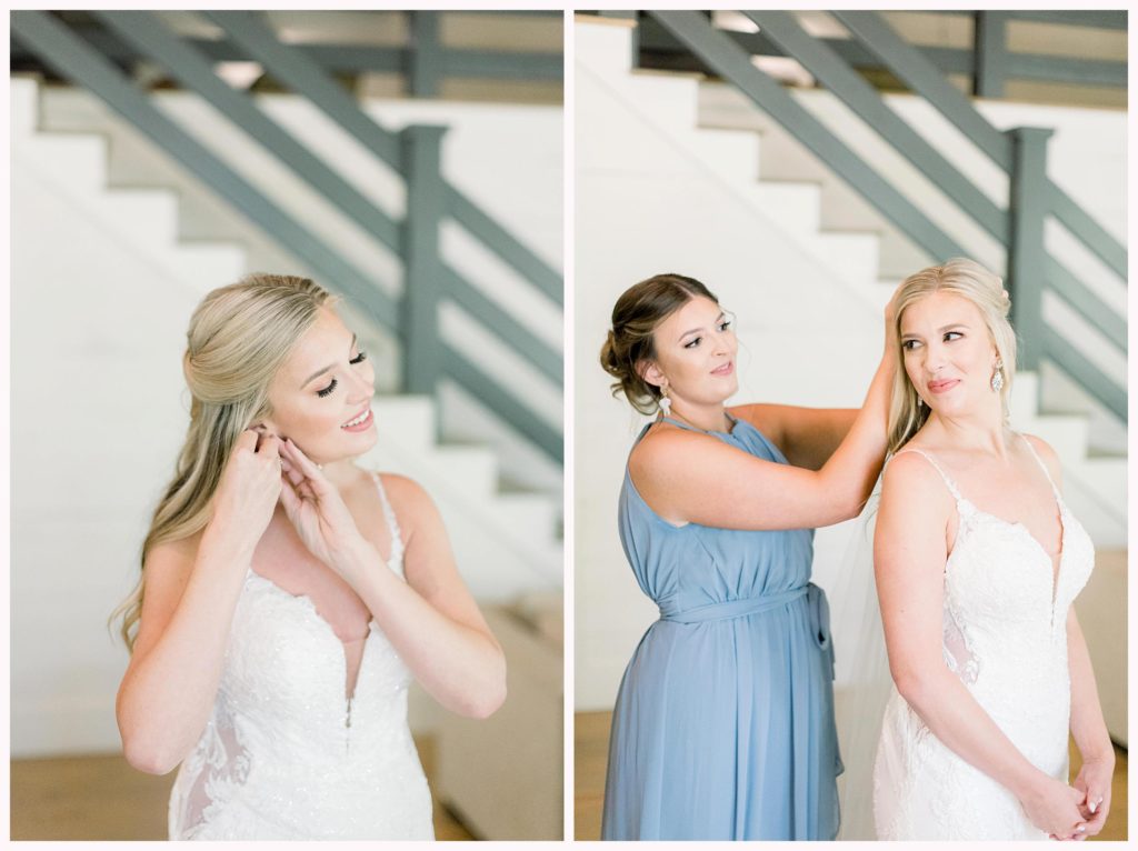 bride gets ready on her wedding day in white gown with dusty blue bridesmaid dresses