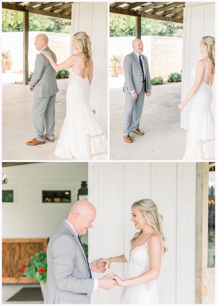 bride shares first look with her father on wedding day
