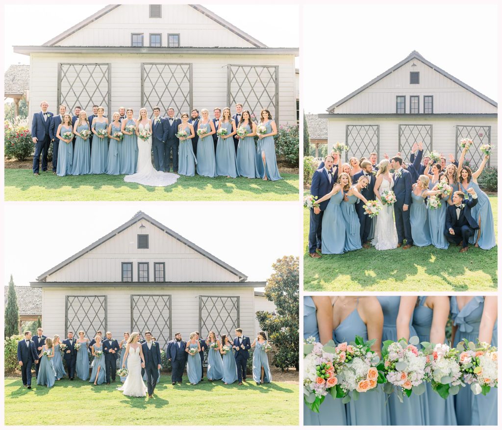 dusty blue bridesmaid dresses with navy blue suits at madison, mississippi wedding