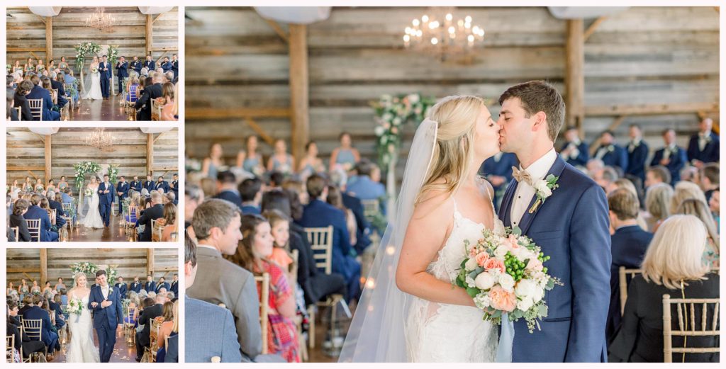 bride in white dress walks down the aisle with groom in navy suit