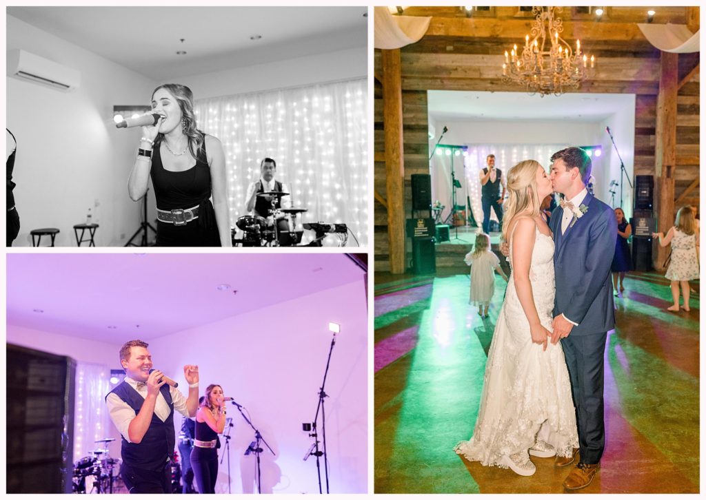 band sings at wedding while bride dances in fun shoes