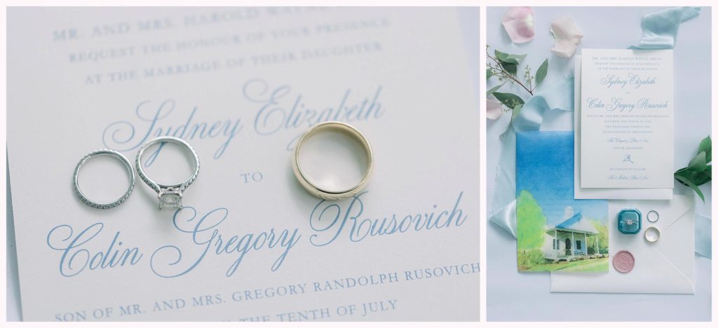 blue and white wedding invitation and details with gold and silver ring set