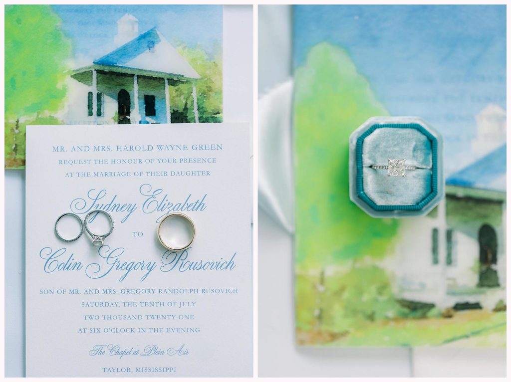 diamond ring against a watercolor wedding venue