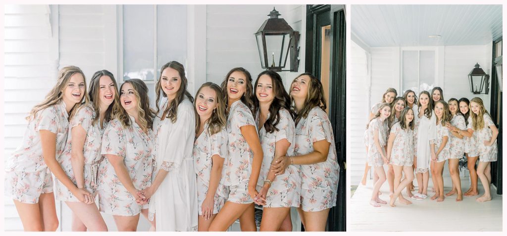 bridesmaids pose on a white porch