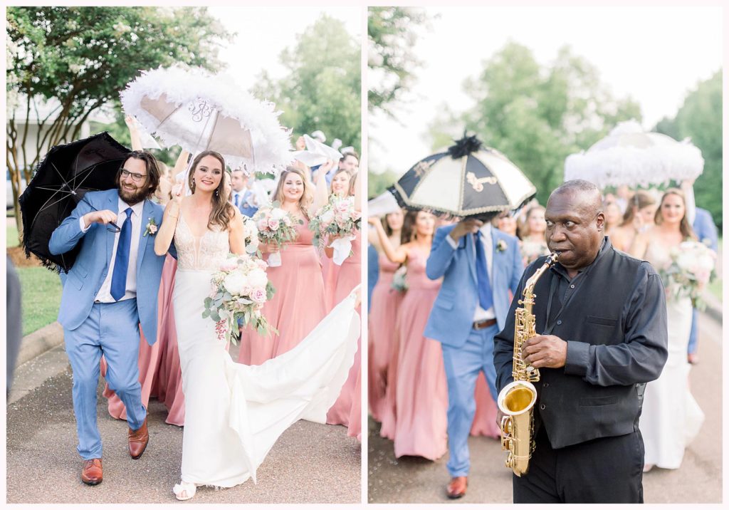 second line at mississippi wedding in taylor at the mill at plein air