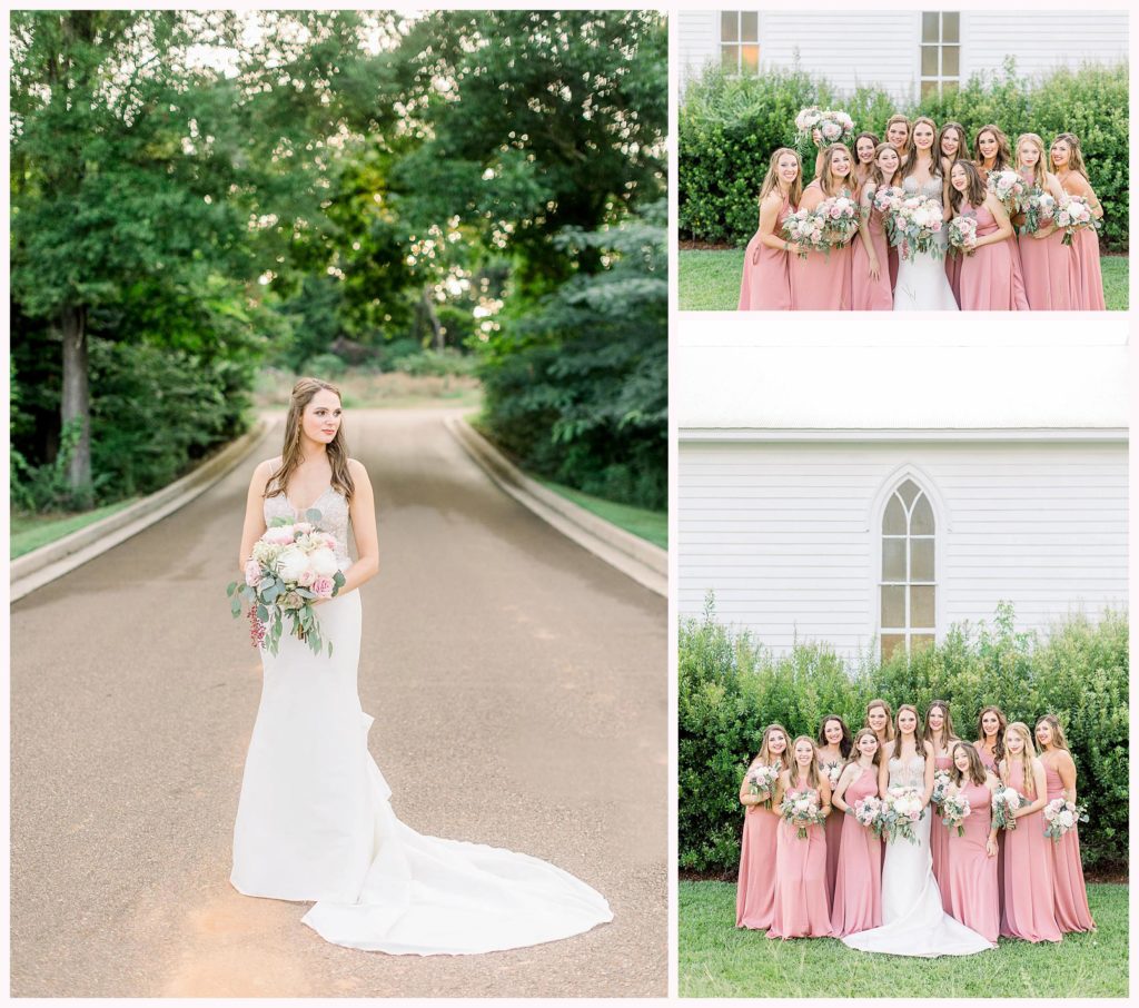 bride and bridesmaids pose in pink wedding dresses