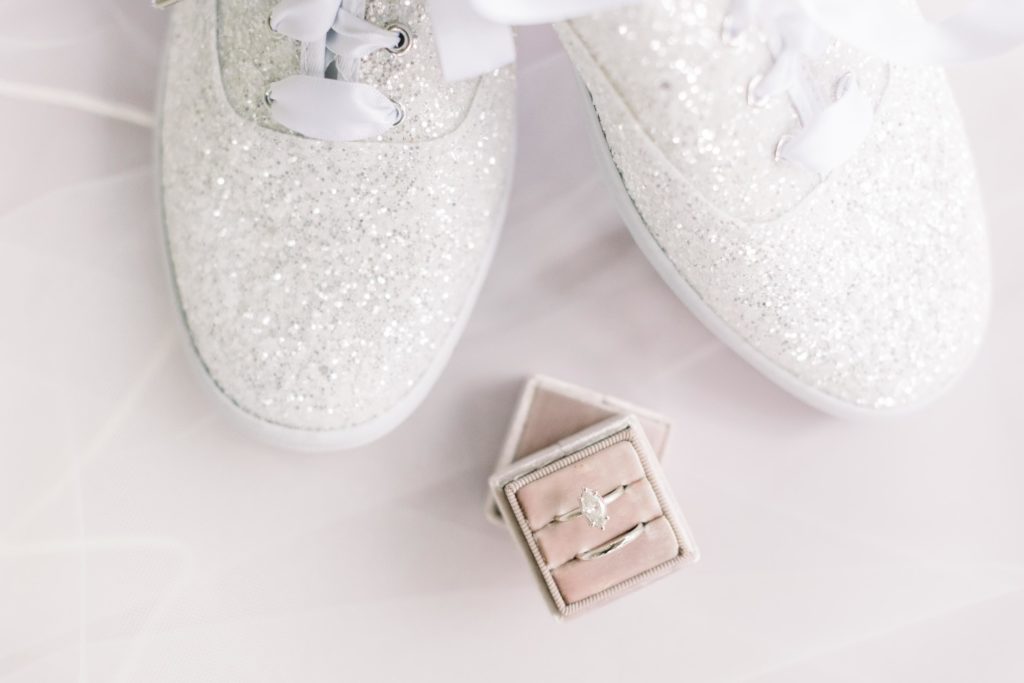 sparkly kate spade shoes on wedding day in detail photos