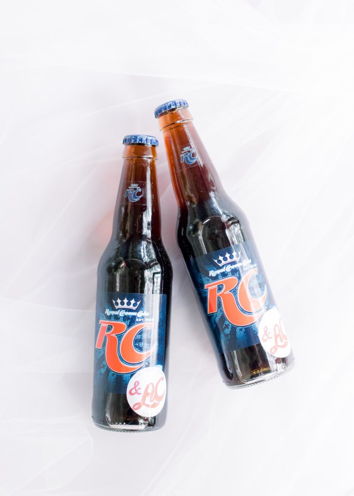 two bottles of RC cola as wedding favors at Oakland Farm wedding day