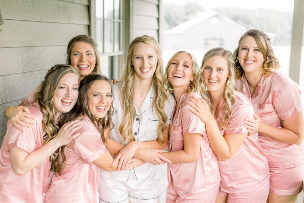 girls get ready for wedding day in pink pajamas