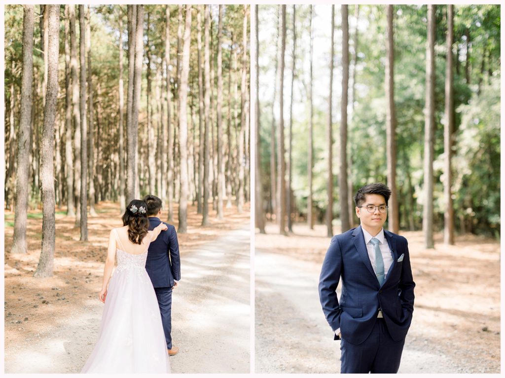 bride and groom share a first look with tall trees