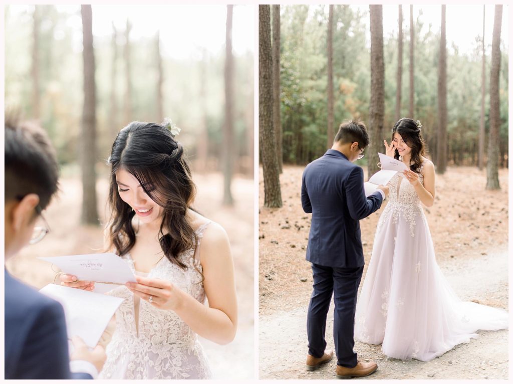 bride wipes tears during an emotional first look