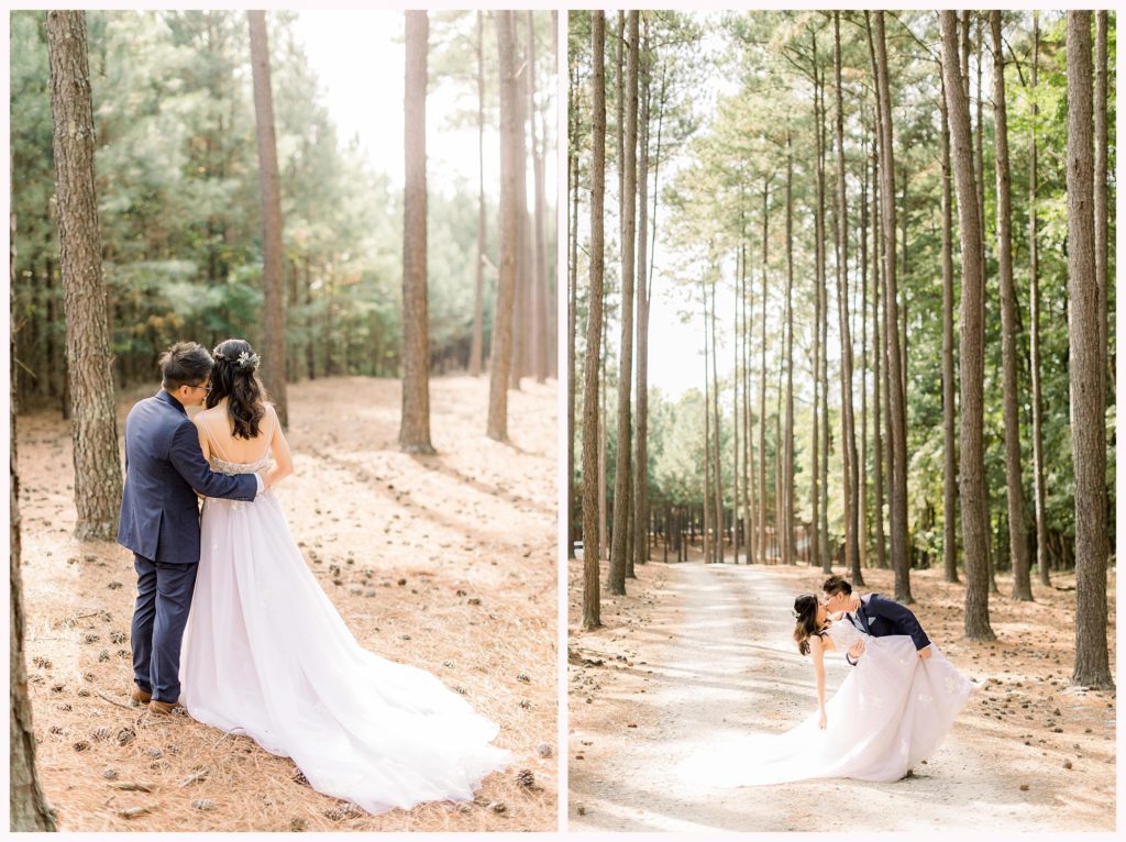 bride and groom photo with tall trees