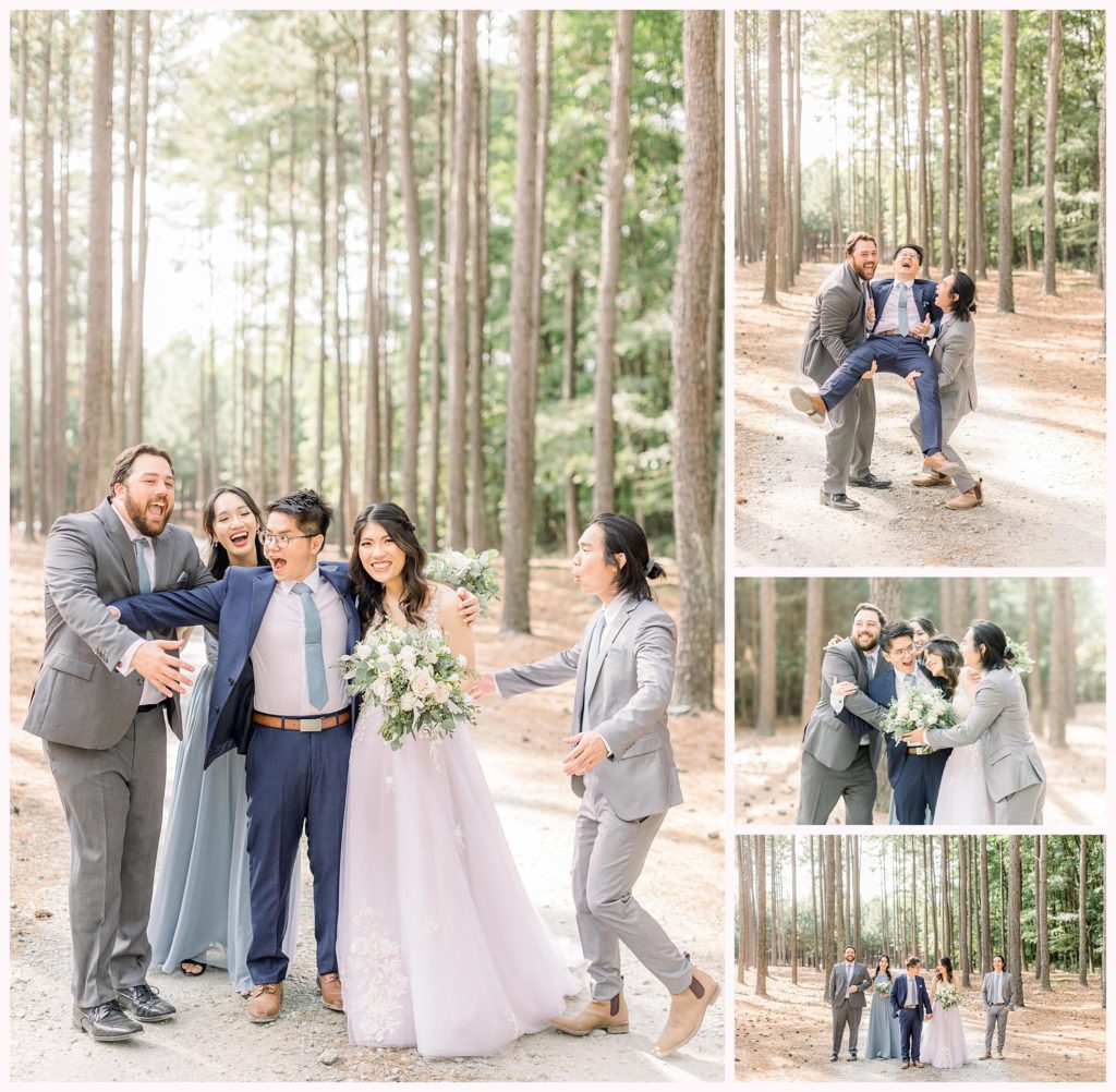 bride and groom celebrate with wedding party in grey and blue