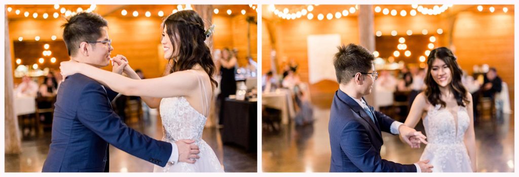 couple shares first dance at barn at cedar hill