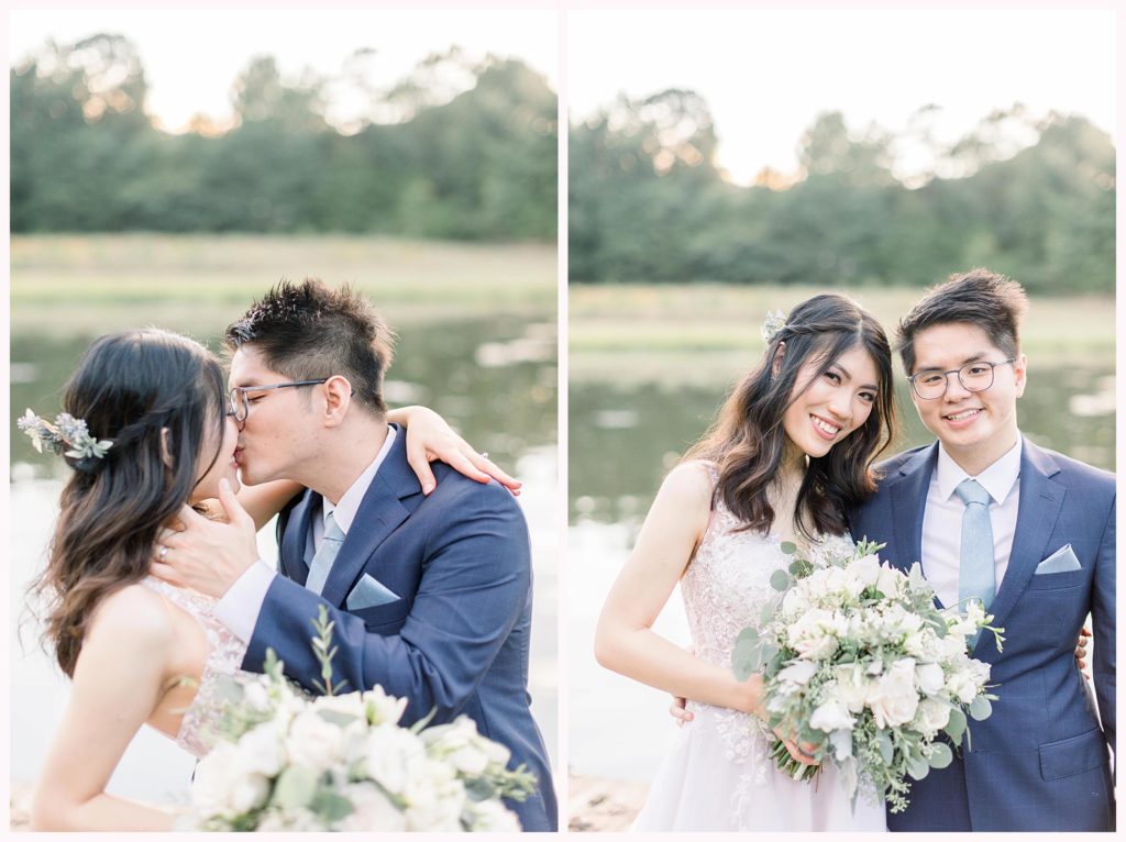 bride and groom share kiss near water during sunset