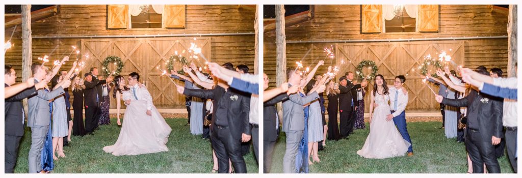 sparkler exit on wedding day in front of barn venue
