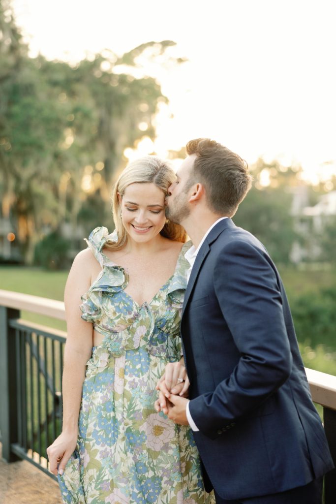 golden hour photo in palmetto bluff of bride and groom during engagement session