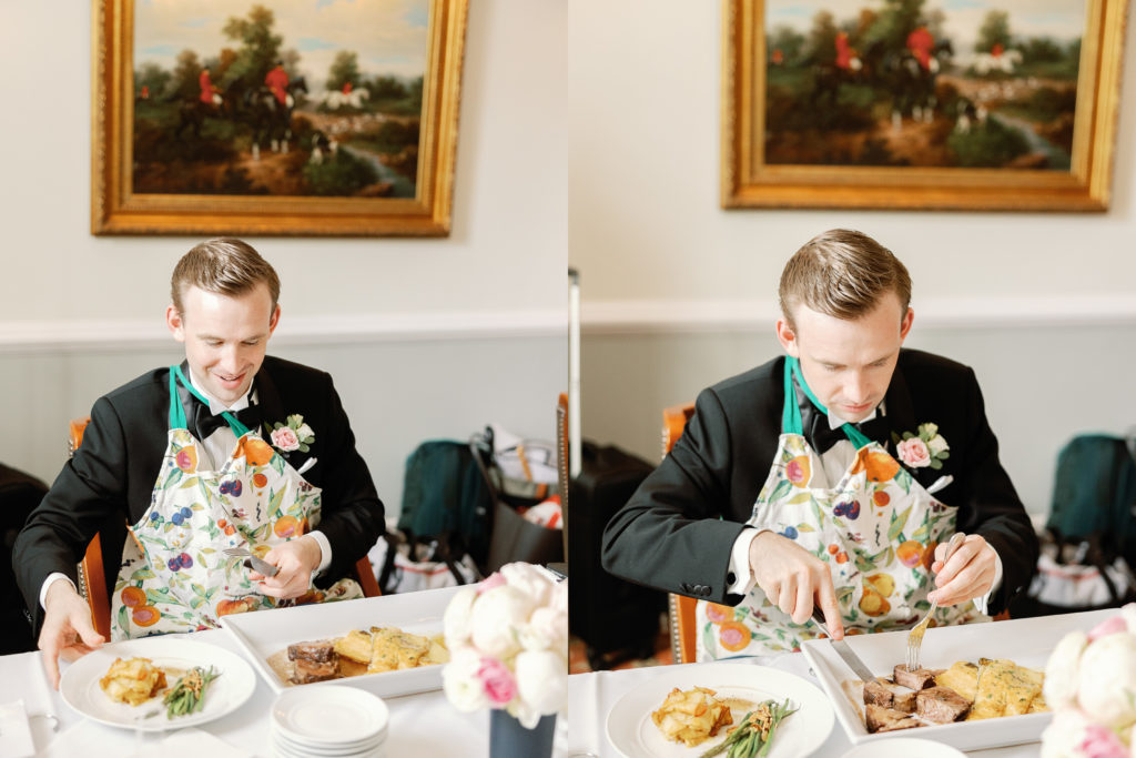 groom eats food on wedding day