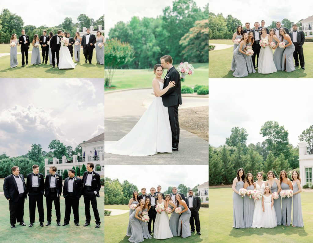 bride and groom celebrate with their wedding party on country club golf course