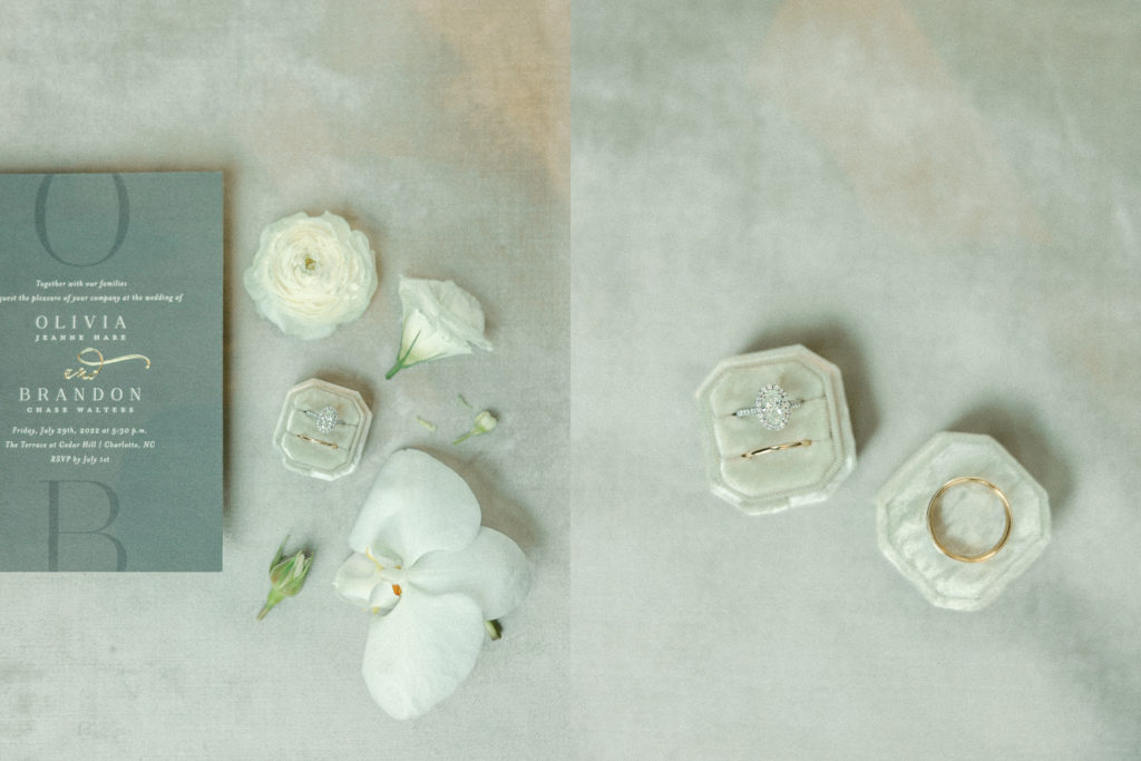 wedding rings, flowers, and invitations at the kimpton tryon park hotel