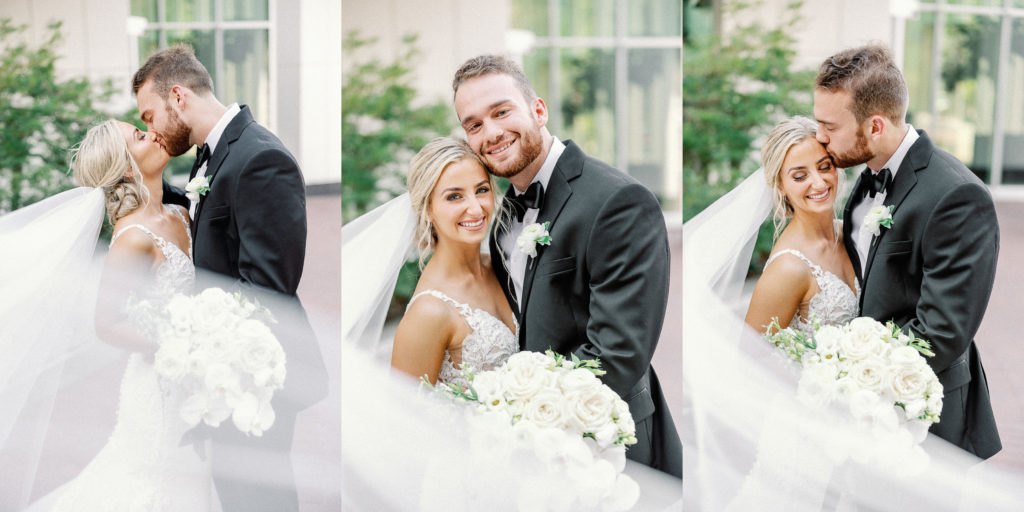 bride and groom in black and white color scheme pose for traditional portraits on charlotte wedding day