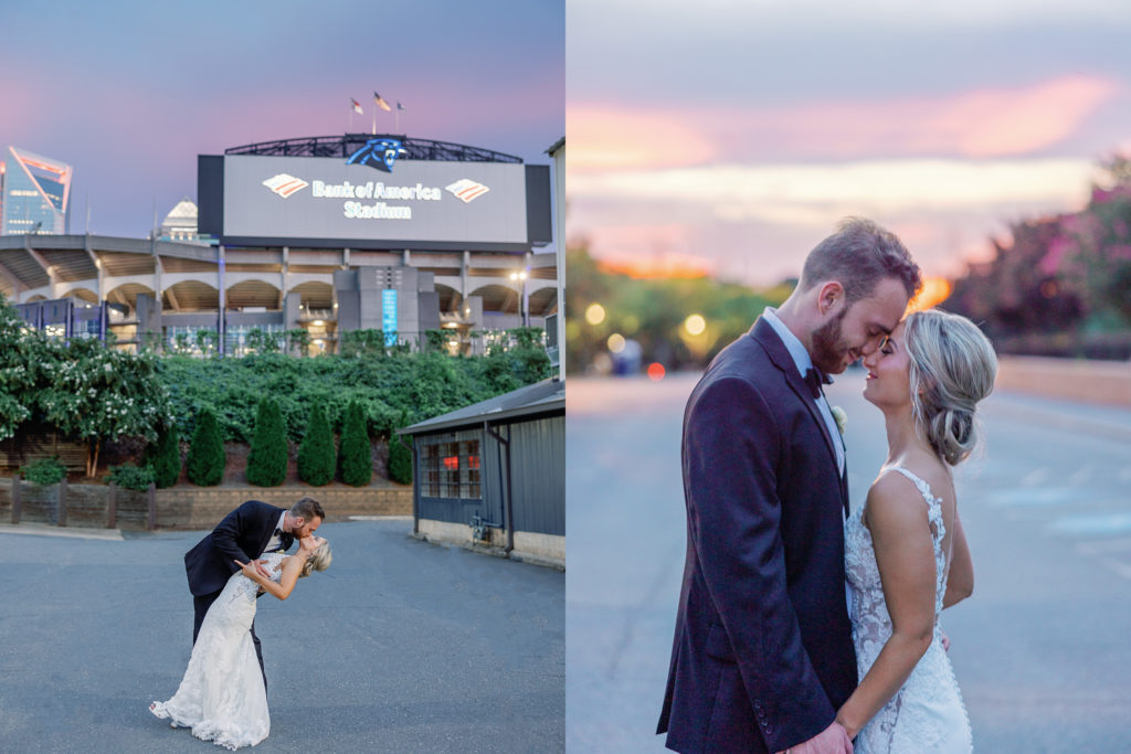 carolina panthers wedding photo couple poses in front of sunset at the terrace at cedar hill